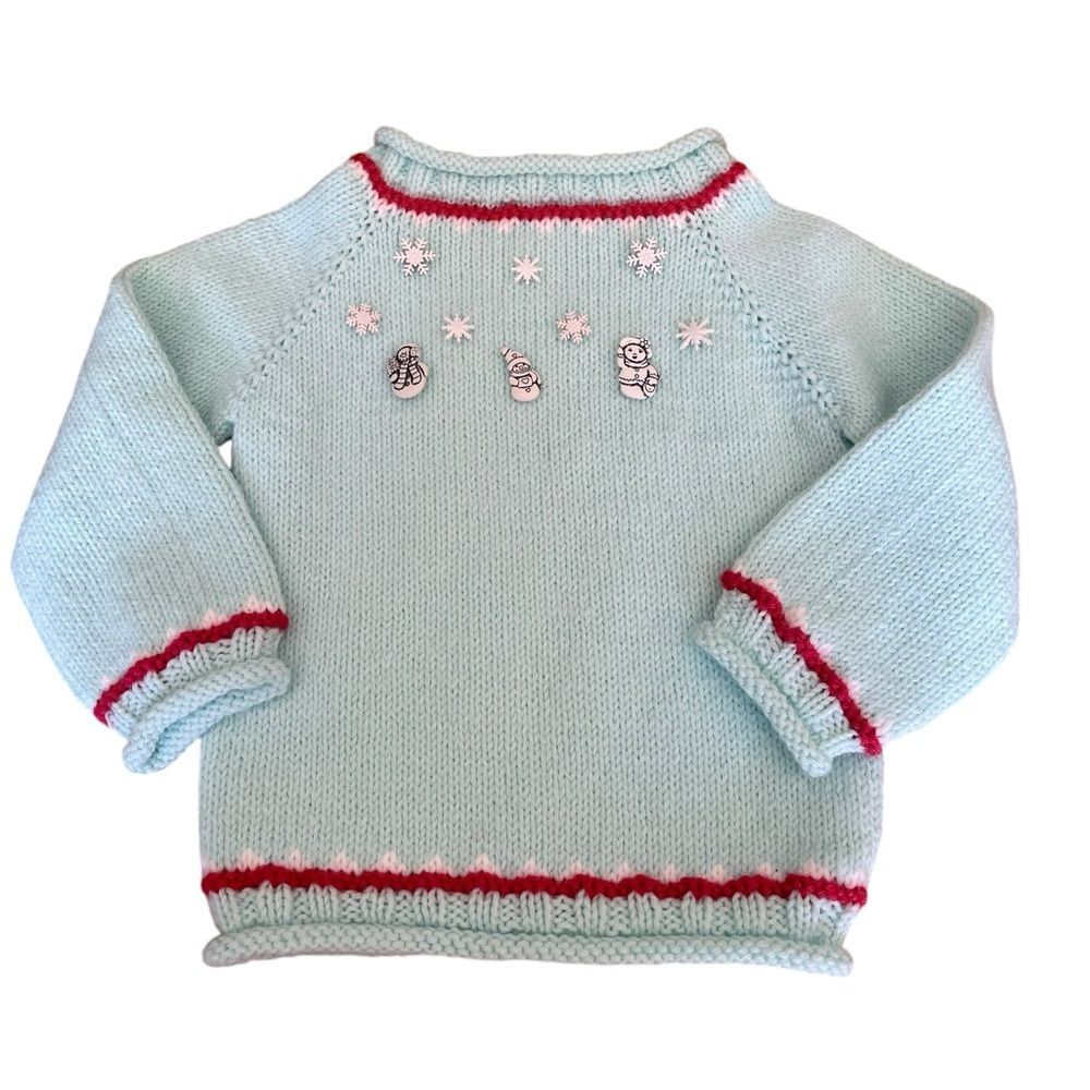 Handmade Knit Christmas Winter Sweater Snowflakes and Snowmen Charms Light Blue